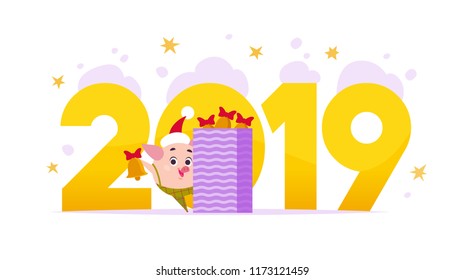 Vector Merry Christmas flat illustration with 2019 number and happy little pig elf in santa hat isolated on purple background. Good for New Year season web banner, advertisement, card, poster etc.