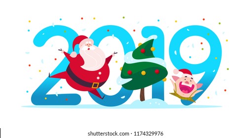 Vector Merry Christmas flat illustration with 2019 number, Santa Claus character, fir tree and happy little pig elf in santa hat isolated on white background. New Year season web banner, advertisement