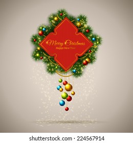 Vector Merry Christmas Frame with fir tree branches and baubles. Season greetings