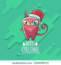 Vector Merry Christmas funky greeting card or banner with kawaii cute Santa Claus cat character with red sant hat isolated on green background. Funny Christmas kids poster or print design template.