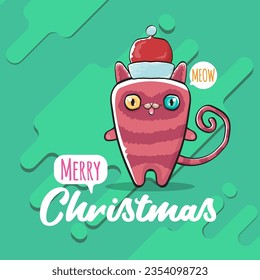 Vector Merry Christmas funky greeting card or banner with kawaii cute Santa Claus cat character with red sant hat isolated on green background. Funny Christmas kids poster or print design template.