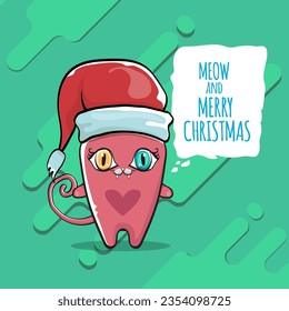 Vector Merry Christmas funky greeting card or banner with kawaii cute Santa Claus cat character with red sant hat isolated on green background. Funny Christmas kids poster or print design template.