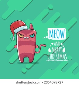 Vector Merry Christmas funky greeting card or banner with kawaii cute Santa Claus cat character with red sant hat isolated on green background. Funny Christmas kids poster or print design template.