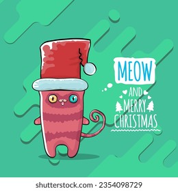 Vector Merry Christmas funky greeting card or banner with kawaii cute Santa Claus cat character with red sant hat isolated on green background. Funny Christmas kids poster or print design template.