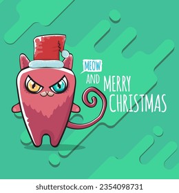 Vector Merry Christmas funky greeting card or banner with kawaii cute Santa Claus cat character with red sant hat isolated on green background. Funny Christmas kids poster or print design template.