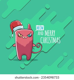 Vector Merry Christmas funky greeting card or banner with kawaii cute Santa Claus cat character with red sant hat isolated on green background. Funny Christmas kids poster or print design template.