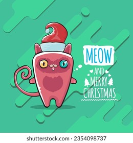 Vector Merry Christmas funky greeting card or banner with kawaii cute Santa Claus cat character with red sant hat isolated on green background. Funny Christmas kids poster or print design template.