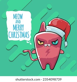 Vector Merry Christmas funky greeting card or banner with kawaii cute Santa Claus cat character with red sant hat isolated on green background. Funny Christmas kids poster or print design template.