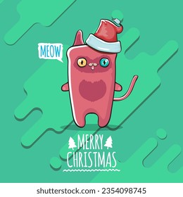 Vector Merry Christmas funky greeting card or banner with kawaii cute Santa Claus cat character with red sant hat isolated on green background. Funny Christmas kids poster or print design template.