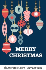Vector Merry Christmas gift card. Retro christmas decorations hanging on dark backcground