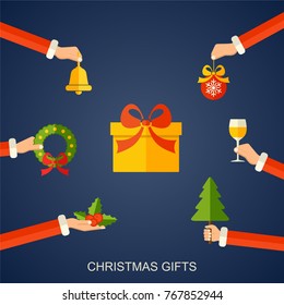 Vector Merry Christmas gifts flat illustration. Flat style background with hands holding presents and yellow gift box.