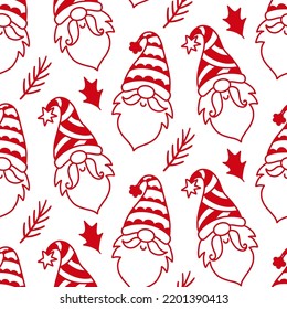 Vector Merry Christmas Gnome Seamless Pattern. Cute hand drawn Santa Claus with hats. Scandinavian repeat background. Winter Holidays wrapping paper, scrapbook design with Cheerful Garden Gnomes.