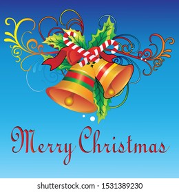 vector merry christmas with gold bells and ornament