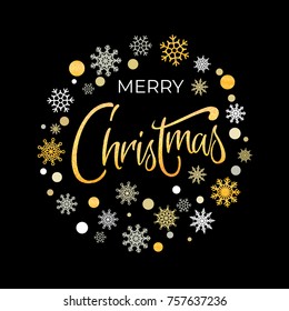 Vector  Merry Christmas gold glittering lettering design. Perfect  for winter holidays, New Year and Merry Christmas cards, prints, flayers, banners, invitations. 