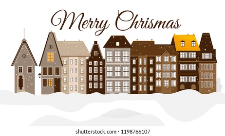 Vector merry christmas greeting card, poster design with urban snowy city at winter with modern buildings in snow. Xmas celebration decoration with architecture cityscape background