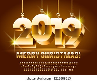 Vector Merry Christmas Greeting Card with Golden shine Toys 2019. Alphabet Letters, Numbers, Symbols. Metallic gradient Font.