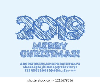 Vector Merry Christmas Greeting Card with scetch drawing 2019. Handdrawn set of Alphabet letters, Numbers and punctuation Symbols.
