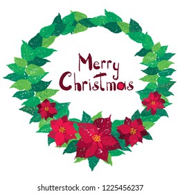 Vector Merry Christmas greeting card with red poinsettia flowers. Editable, scalable great for print on demand products, stationery, cards, post cards, greeting cards, holiday events, invitations.