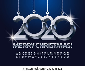 Vector Merry Christmas Greeting Card with Silver shine Toys 2020. Bright Chrome Font. 