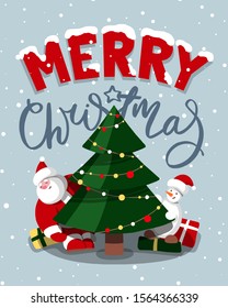 Vector Merry Christmas greeting card with cute santa claus, chtistmas tree and hand drawn lettering