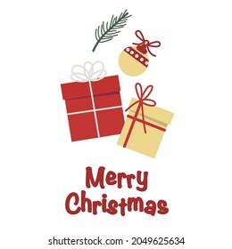 Vector Merry Christmas greeting card with christmas gift boxes isolated on white background for cute postcard, logo, for the design of a children`s room, for invitations, greeting cards, business card