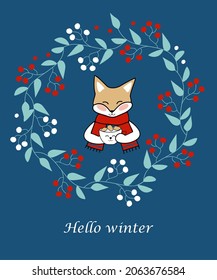 Vector Merry Christmas greeting card. Cute fox illustration with floral frame. Template for greeting, winter holiday cards, posters, banners, and covers. Christmas wreaths. 