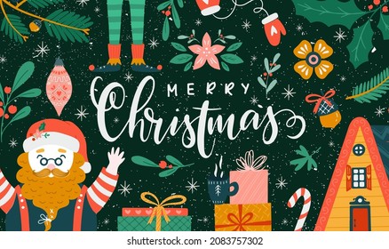 Vector Merry Christmas greeting card or invitation isolated on background. Set with Scandinavian ornaments, Santa Claus, gift and elf, house, pine hand-drawn designs. Vector elements for Xmas