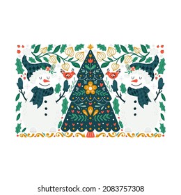 Vector Merry Christmas greeting card isolated on background. Set with scandinavian ornaments, xmas tree and snowman hand drawn designs. Vector elements for Xmas