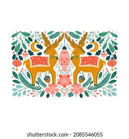 Vector Merry Christmas greeting card isolated on background. Set with scandinavian ornaments, xmas deer, pine, flowers, mitletoe hand drawn designs. Vector elements for Xmas