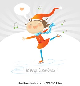 Vector merry christmas greeting card, joyful girl ice skating, expressing love.