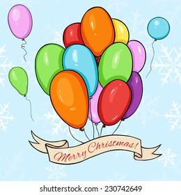 Vector Merry Christmas Greeting Card. Color Air Balloons and Ribbon with Text.