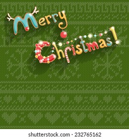 Vector merry Christmas greeting card on knitted background