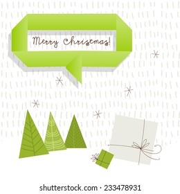 Vector merry christmas greeting card, winter landscape with fir trees, gift boxes. Snowfall.  