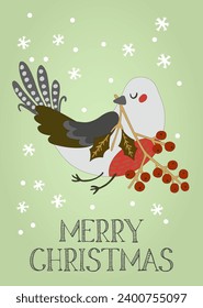 Vector Merry Christmas greeting card with a bird on a green background. Decorative postcard with a winter bird, with a branch in its beak on a green background Festive graphics illustrations eps 10