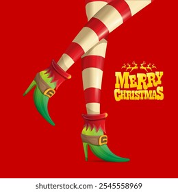 Vektor Frohe Weihnachten Grußkarte mit Cartoon Elf Mädchen Beine und Gruß kalligraphischen Text Frohe Weihnachten einzeln auf Rot. Vektor frohe Weihnachten Hintergrund mit Elf Mädchen