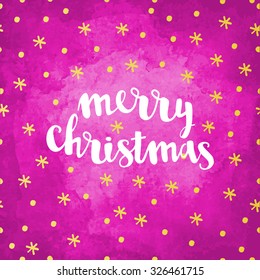 Vector Merry Christmas greeting card with gold hand-drawn snowfall pattern on a pink wine background watercolor paper. Brush lettering calligraphy