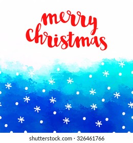 Vector Merry Christmas greeting card with hand-drawn snowfall pattern on a blue sky background watercolor paper. Brush lettering calligraphy