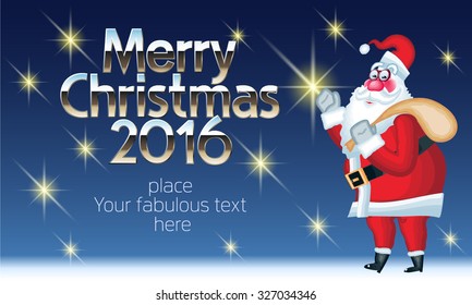 Vector Merry Christmas greeting card with funny  Santa Claus delivery gifts and text with  golden luxury font. With place for your fabulous greeting  text