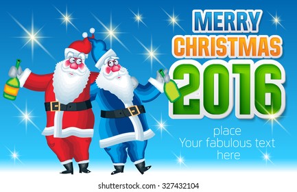 Tarjeta de felicitación Vector Merry Christmas con Santa Claus y Padre Frost con botella de champán y texto con fuente colorida. Con lugar para tu fabuloso texto de saludo