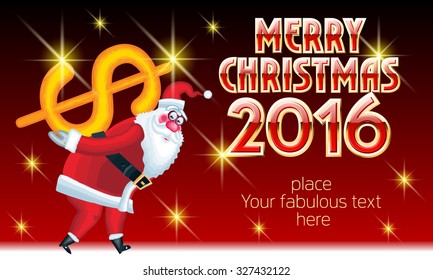 Vector Merry Christmas greeting card with Santa Claus delivery dollar sign and text with golden and red elegant font. With place for your fabulous greeting text