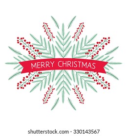 Vector Merry christmas greeting card. Pattern of floral elements  tree branch, fir, twig and berries. Botanical background. Symmetric mirrow reflection