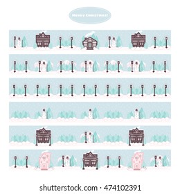 Vector merry Christmas greeting card. Flat winter cartoon houses. Winter landscape, star sky, snow, snowman, pine trees, street lamp flat element for design