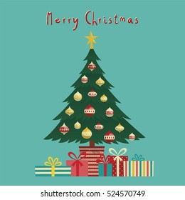 Vector Merry Christmas Greeting Card Presents Under Tree