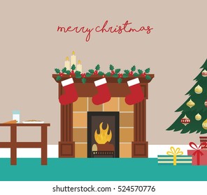 Vector Merry Christmas Greeting Card With Fireplace