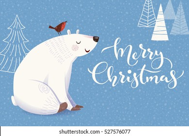 Vector Merry Christmas greeting card with cartoon polar bear with cute bird