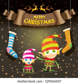 vector merry christmas greeting card with cartoon cute christmas little elf, elfin socks, christmas lights stars and golden greeting calligraphic text on old vintage paper banner ribbon.