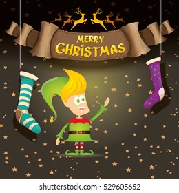 vector merry christmas greeting card with cartoon cute christmas little elf, elfin socks, christmas lights stars and golden greeting calligraphic text on old vintage paper banner ribbon.