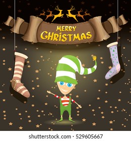 vector merry christmas greeting card with cartoon cute christmas little elf, elfin socks, christmas lights stars and golden greeting calligraphic text on old vintage paper banner ribbon.