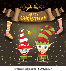 vector merry christmas greeting card with cartoon cute christmas little elf, elfin socks, christmas lights stars and golden greeting calligraphic text on old vintage paper banner ribbon.