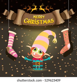 vector merry christmas greeting card with cartoon cute christmas little elf, elfin socks, christmas lights stars and golden greeting calligraphic text on old vintage paper banner ribbon.